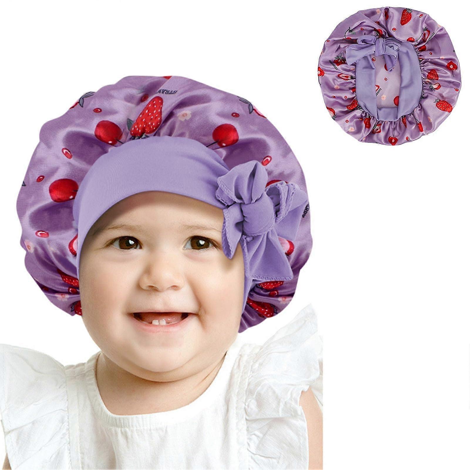 Kids Satin Sleep Cap with Secure Elastic Strap, Adjustable Breathable Bonnet, Purple Fruit Pattern