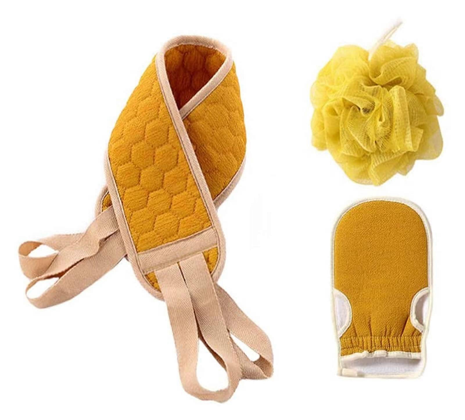Bath Back Scrubber with Secure Grip Loops, Long Handle Shower Exfoliating Brush Strap Yellow