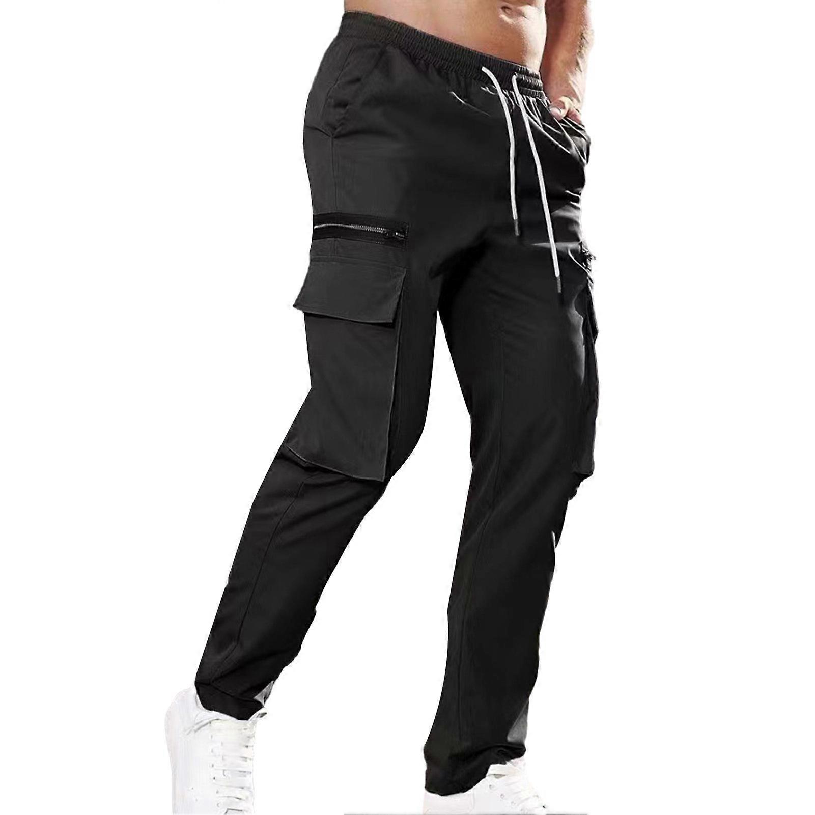 Men Cargo Pants Drawstring Elastic Waist Loose Zipper Decor Multi Pockets Solid Color Soft