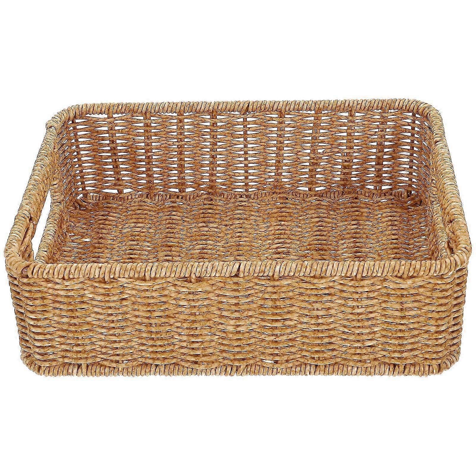 Double-handle Imitation Rattan Basket Storage For Kitchenware Light Brown Rectangular Design 1Set