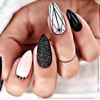 24 Pcs Striped False Nails Short Pattern,Black French Nails