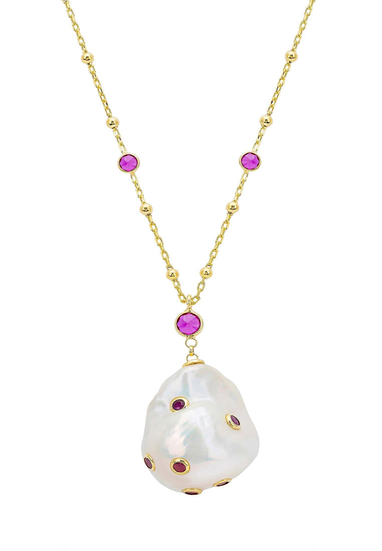 Polka Dot Baroque Pearl Long Necklace Gold Ruby