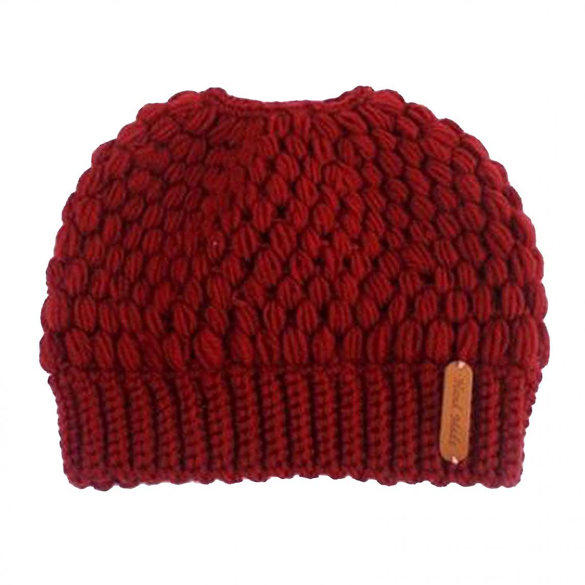 Ponytail Messy Bun Beanie Hats Knit Stretchy Beanie Hats Cap Red