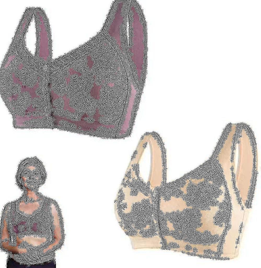 2pcs Charm Bras Front Snaps Comfortable & Convenient Front Button Bra, Wide Shoulder Straps Cotton Front Closure Bra