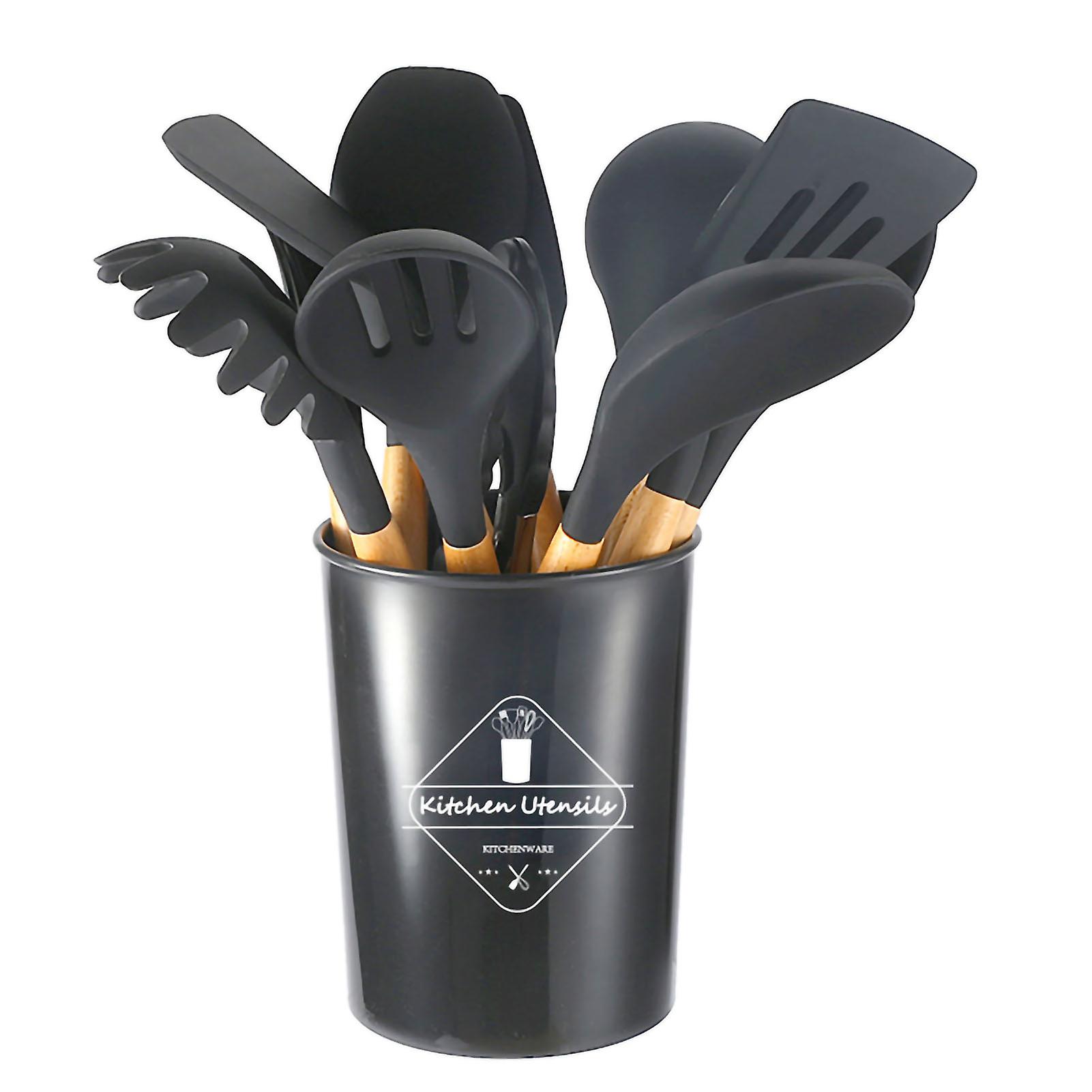 Dark Gray Non-Stick Silicone Cookware Set with Wooden Handle and Storage