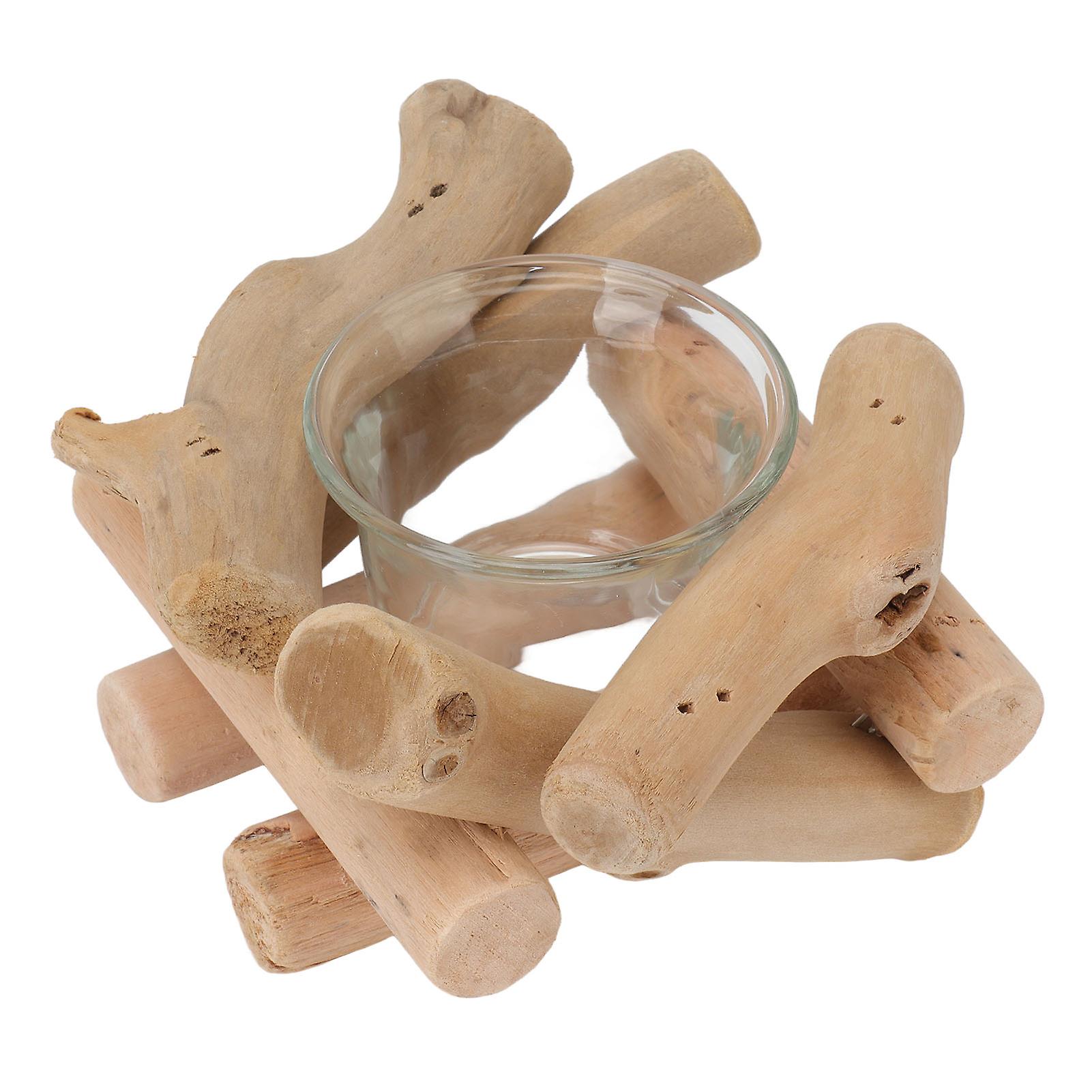 Wooden Tealight Candle Holder Vintage Simple Rustic Style Driftwood Candlestick with Glass Cup Home Decoration Photo Prop
