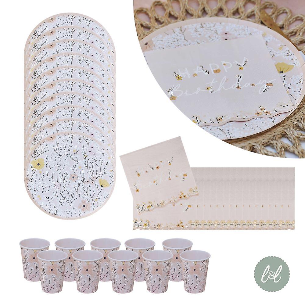 Birthday Bloom Floral Paper Party Set for 8 | Tableware Plates Cups Napkins