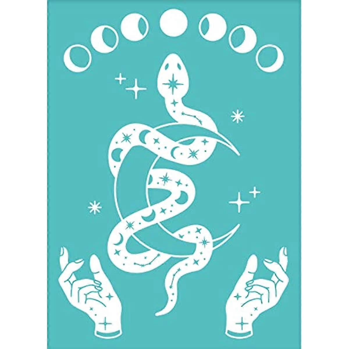 2pcs Self-Adhesive Silk Screen Printing Stencil Snake Pattern Reusable Mesh Paints Transfers Moon Phase Silkscreen Stencils for Printing on Wood T-Shi