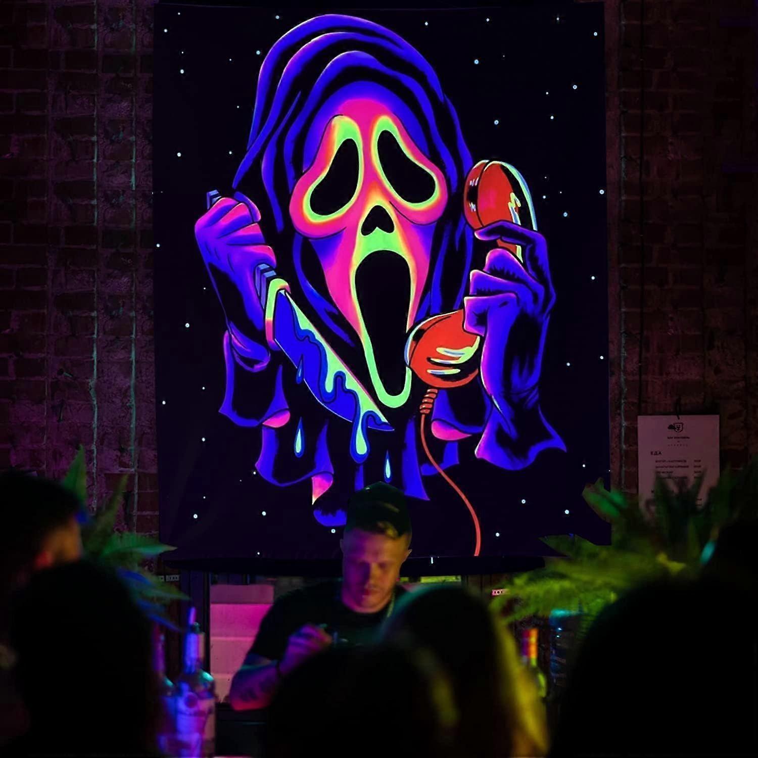 Blacklight Horror Face Tapestry,UV Reactive Ghost Wall Hanging Tapestries,Glow in the Dark Party Backdrop