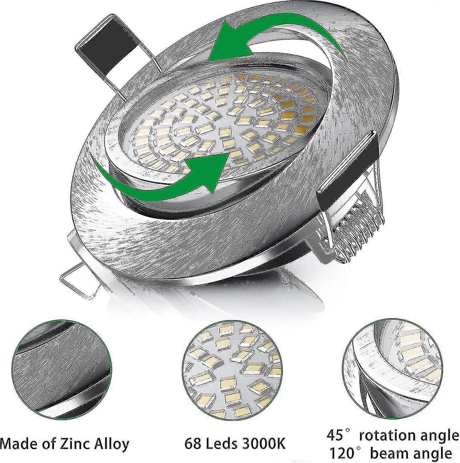 Spot LED encastré, plafond encastré 5w équivalent à 60w ampoule halogène, blanc chaud 3000k 550lm, projecteur Ip44 réglable pour salle de bain, Living Roo