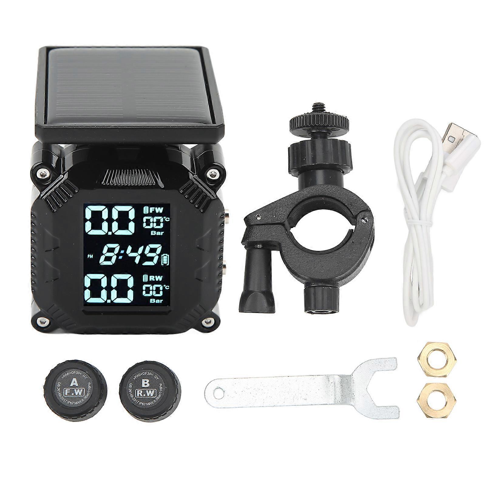 Solar Power Tire Pressure Monitoring System Wireless TPMS with Display 2 External Sensors for Motorcycle
