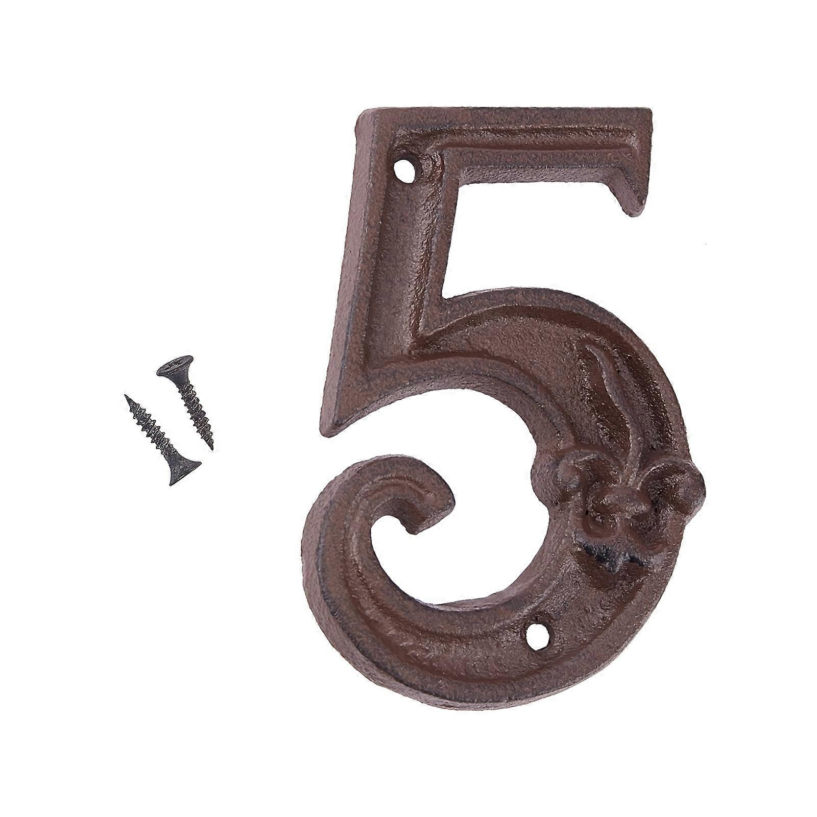 Metal House Number 5, Door Number, Address Number, Mailbox Number - Vintage Style, Rustic Distressed Brown Finish with Embossed Fleur de Lis, Height