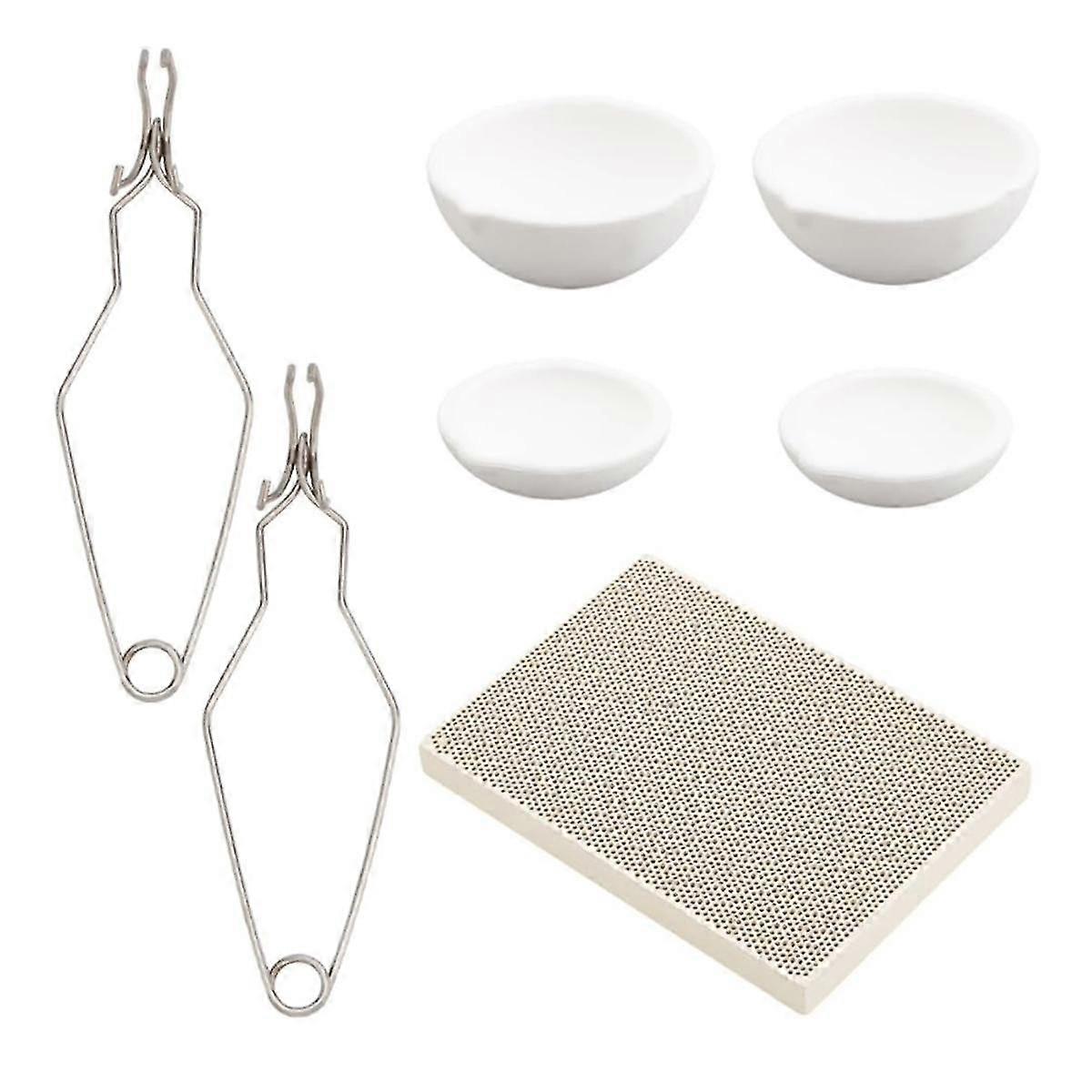 7 قطع طقم بوتقة ذوبان للمجوهرات الفضة المعدنية ، مع 4 قطع سيراميك كوارتز بوتقة وعاء طبق كوب وعاء سوط ملقط مقبض