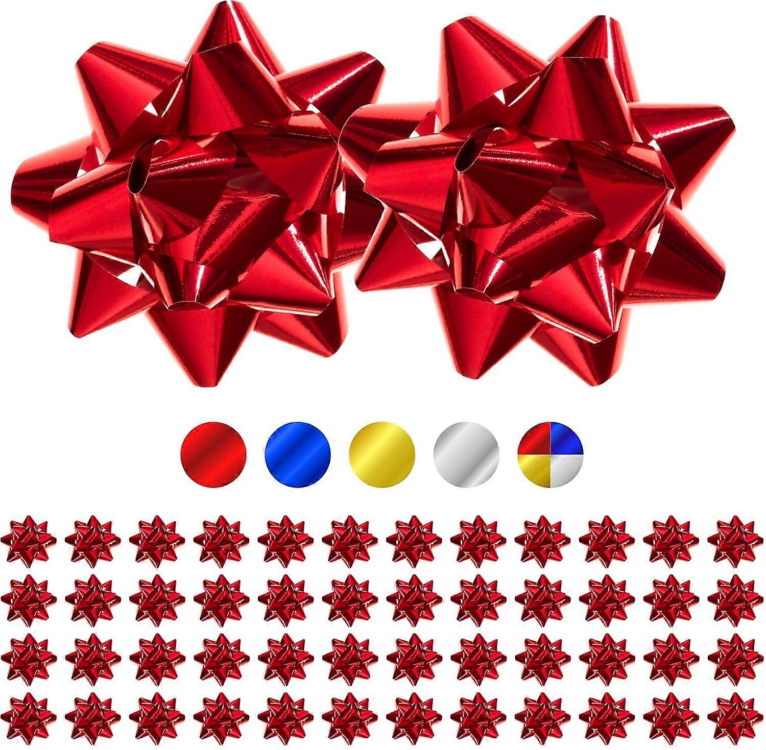100 presentrosetter. Standardstorlek 5,0 cm. Självhäftande rosetter för presentdekoration. Röda rosetter för jul, födelsedagar och fester. Presentrosetter med metalliceffekt.