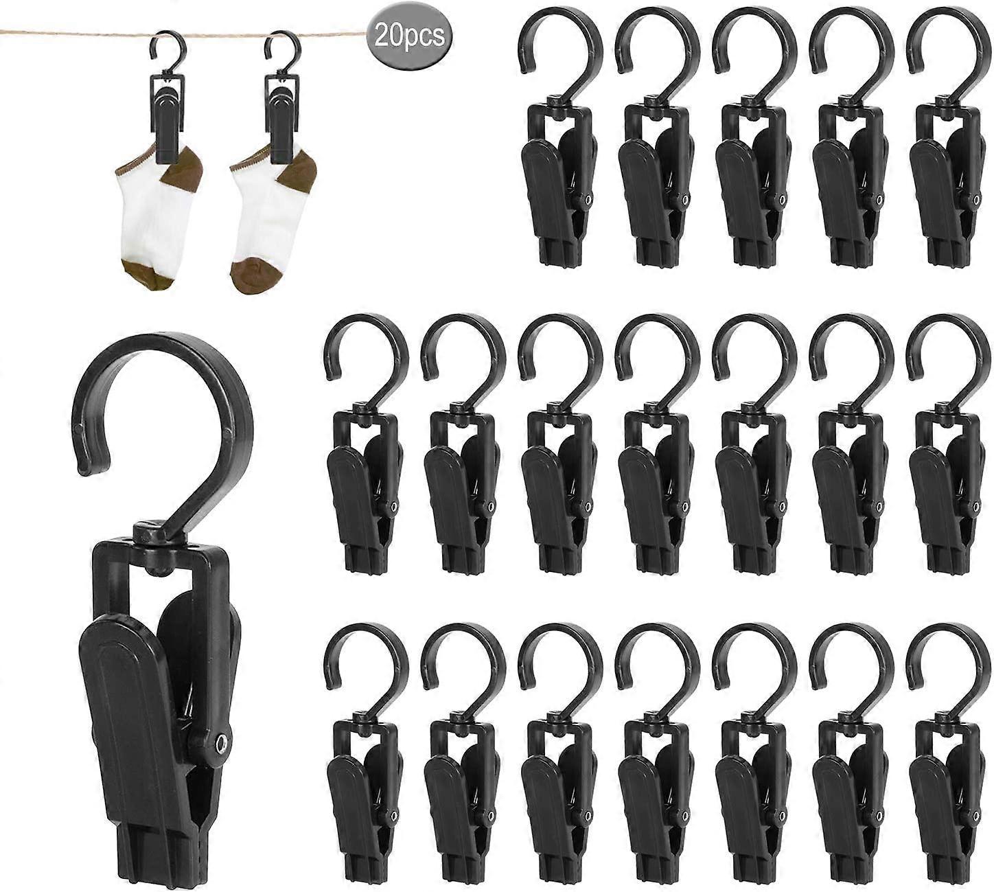 20 Pieces Large Clothes Pegs, Windbreak Clip, Plastic Pin, Can Rotate 360 Degrees for Towels Clothes Sheets Carpets, Curtains, Hats (Black)