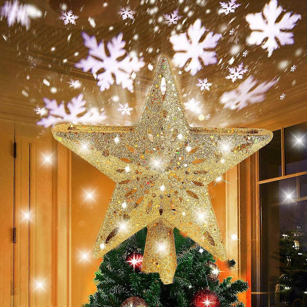 Star Christmas Tree Topper Decorations - Glittering Gold Hollow Tree Topper, Rotating 3D Projector Lamp Design Light White Snowflake for Christmas Tre