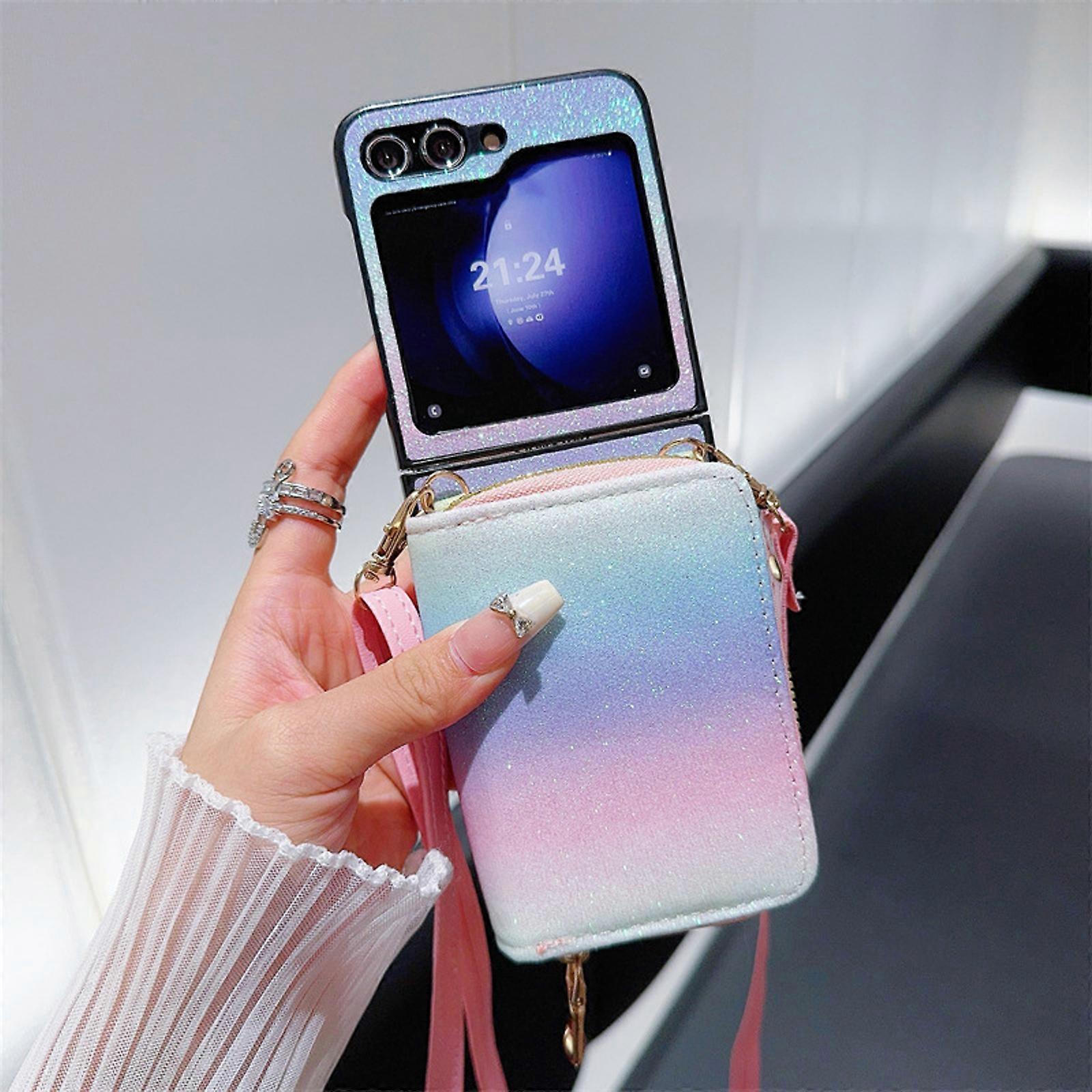Shoulder Strap Crossbody Case for Samsung Z Flip 6,Necklace Lanyard Wallet Large Capacity Card Holder Stand Glitter Cover with Rainbow Pattern