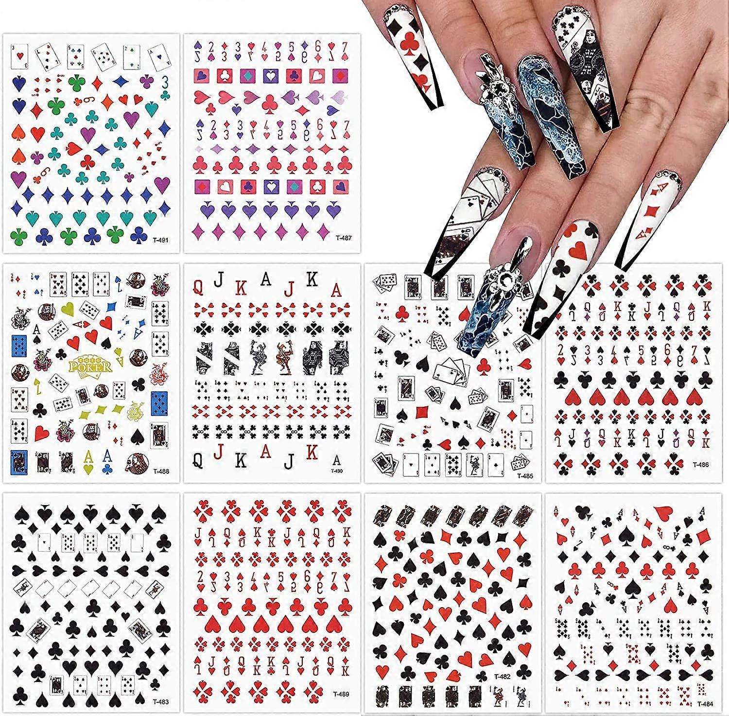10 Sheets Poker Nail Art Stickers Decals, Playing Card Style Nail Stickers Numbers Letter Graphics Nail Accessories for Women Girls Nail Art DIY Desig