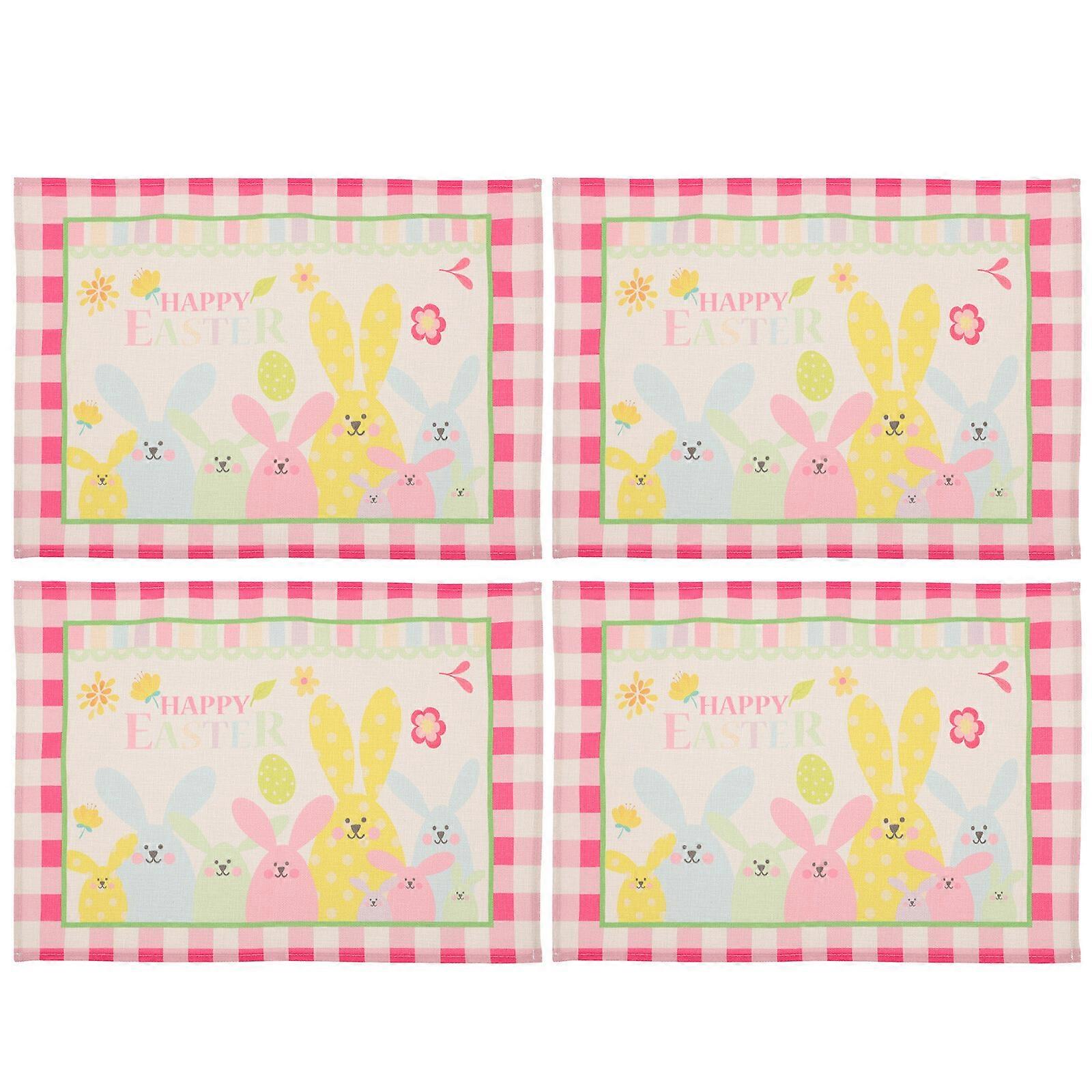4Pcs Easter Bunny Plaid Design Waterproof Linen Placemats Table Decoration