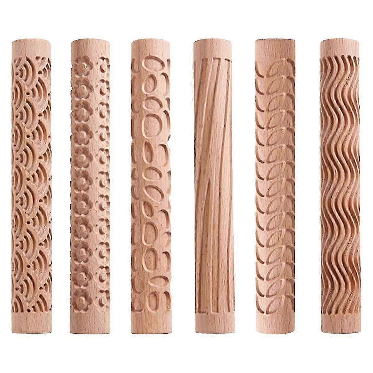 6pcs Clay Modeling Pattern Rollers, Texture Rollers For Clay Wooden Handle Pottery Tools Stars Wood Wave