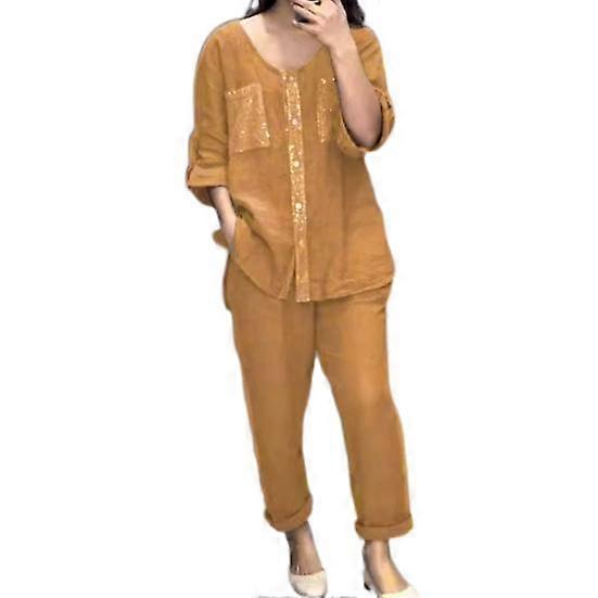 2 Pcs/Set Top Pants Set Round Neck Solid Shiny Sequin Three Quarter Sleeves with Cufflink T-shirt