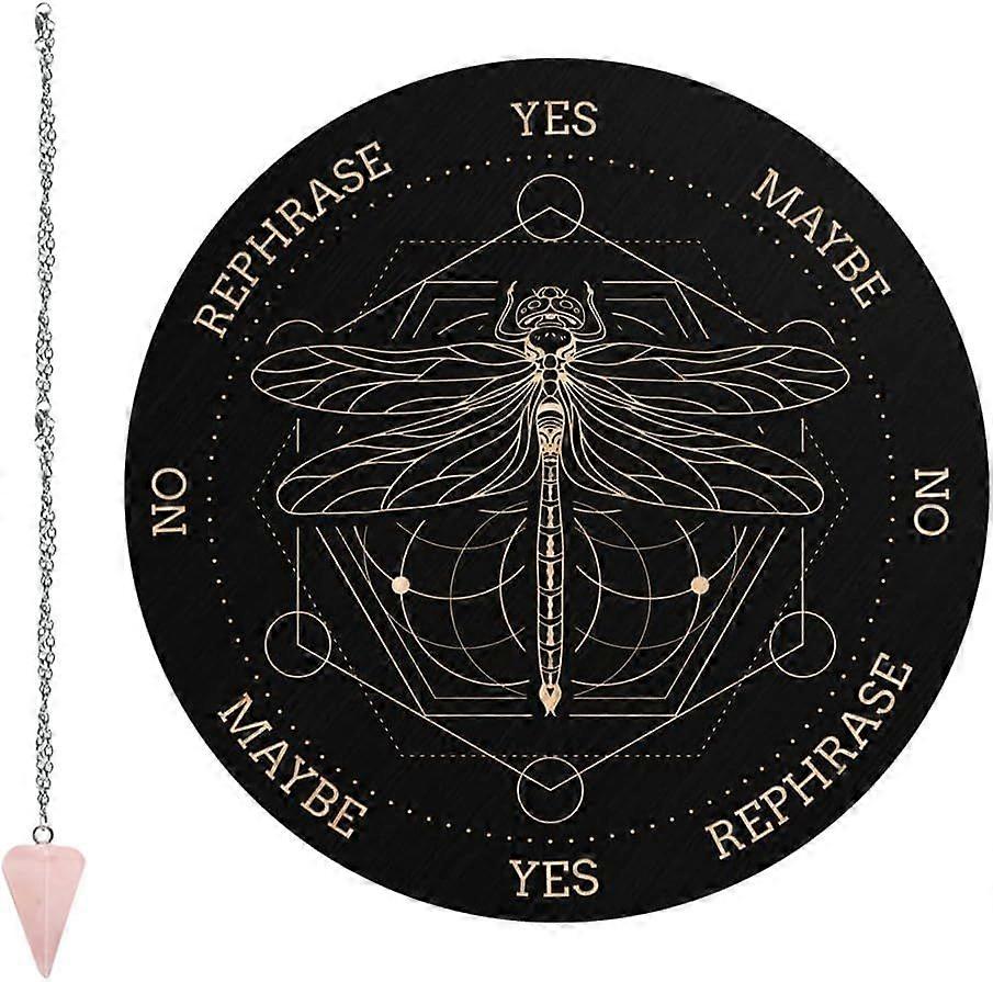 Pendulum Board Dragonfly Dowsing Divination Metaphysical Message Board 7.9Inch Wooden Carven Board with Rose Quartz Crystal Dowsing Pendulum Witchcraf