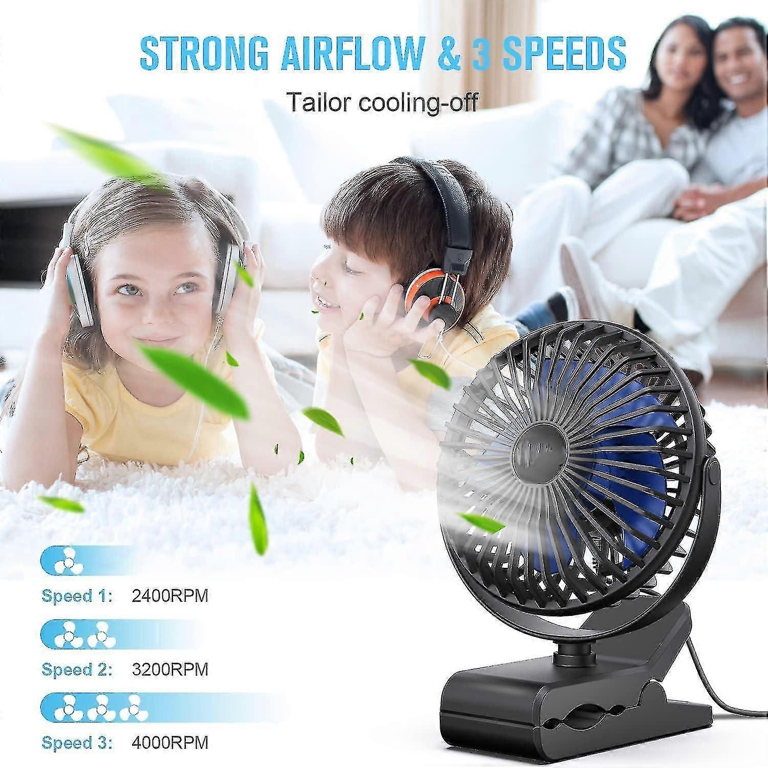 Usb Clip On Fan, Portable Small Fan With Cord Powered, 3 Speeds Strong Airflow, With Sturdy Clamp, Quiet Personal Desk Fan