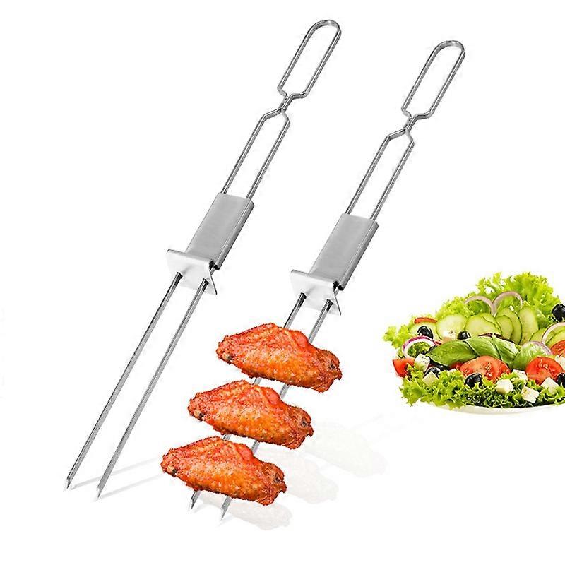 2 PCS Stainless Steel Semi-Automatic Double Head BBQ Fork Outdoor BBQ Tool 2 PCS BBQ Tool