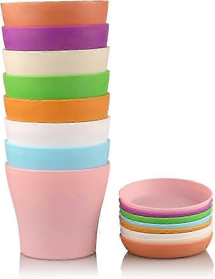 8 Pieces 14cm Colorful Plastic Flower Pots for Indoor Plants with Pallet