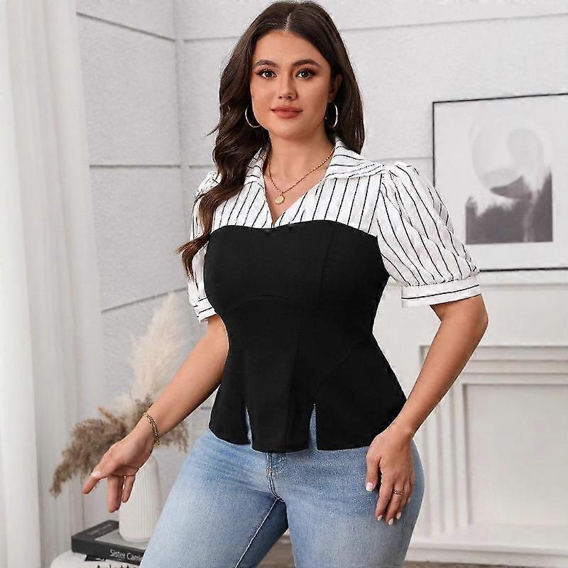 Plus Size Women's Summer Striped Patchwork Thin Short Sleeved Top