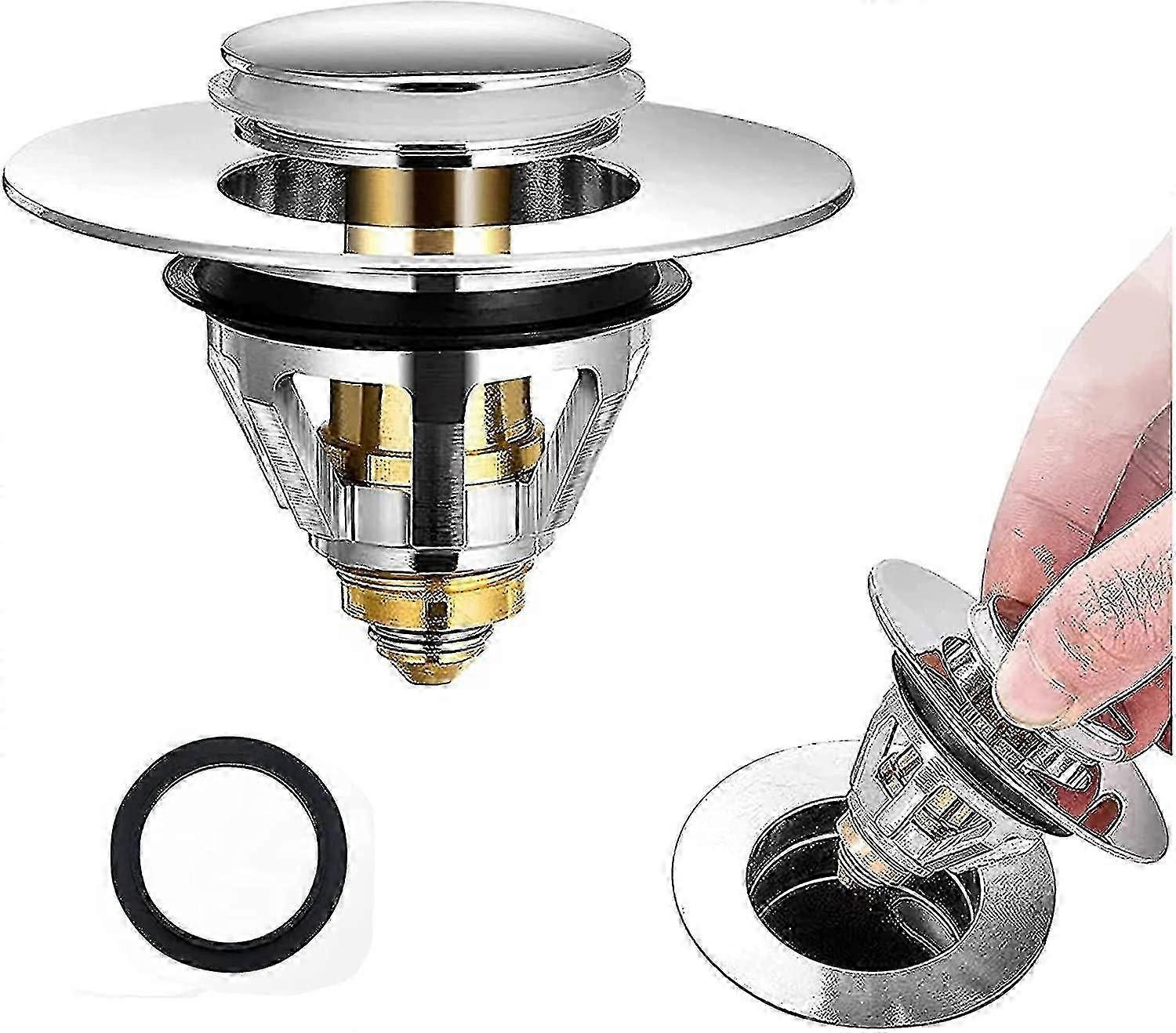 Universal Bathroom Sink Stopper, Pop Up With Strainer, Stainless Steel Push Type Sink Stopper