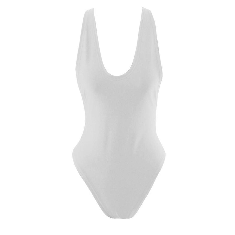 Swim Suit Women One Piece Simple Backless Deep V Neck Bodysuit Solid Hollow Out Swimsuit Beachwear Size L White 1Pack