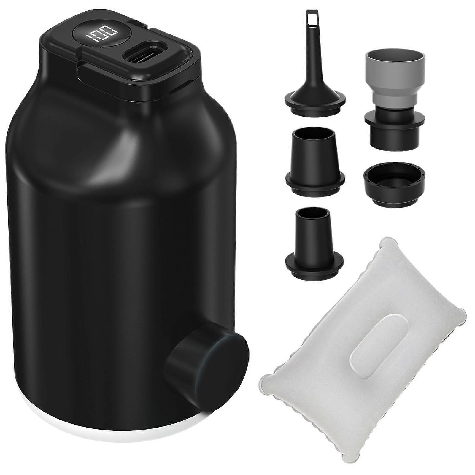 Portable Air Pump for Inflatable Items – Electric Inflator with 5 Nozzles, Compact Design for Camping, Kayaking, and Swimming Pools, Black