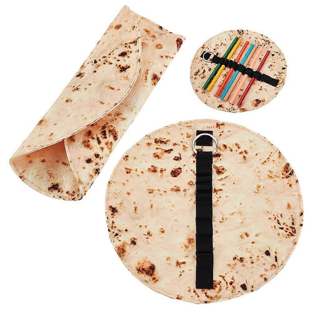 Tortilla Pencil Case Holder Pack of 2, Round 22 cm Linen Pen Roll for School Office Supplies, Pancake Design