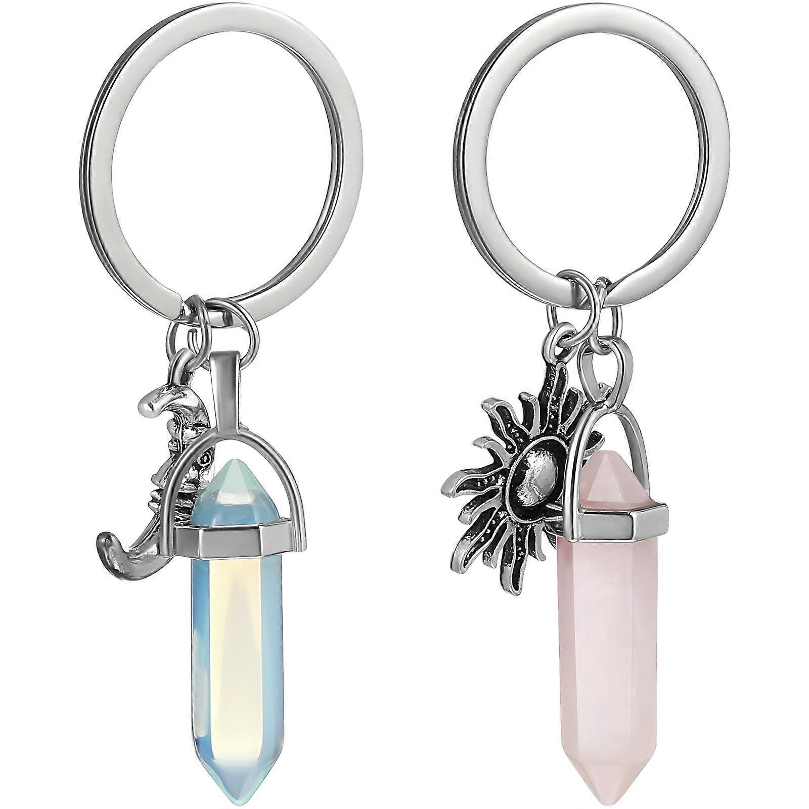 Couples Keychains Moon Shape Keychain Sun Key Rings With Hexagonal Crystal Stone Bag Accessories Matching Design 2Pcs