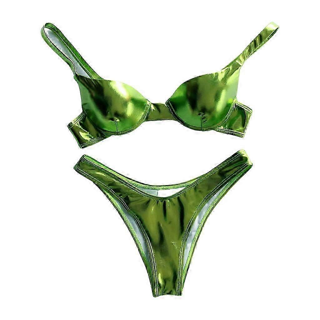 Femmes Taille basse Bikini Set Brillant Métallisé Solide Maillot De Bain Sexy Armatures Rembourré Push Up Soutien-gorge Effronté Bas Maillot De Bain Vert M
