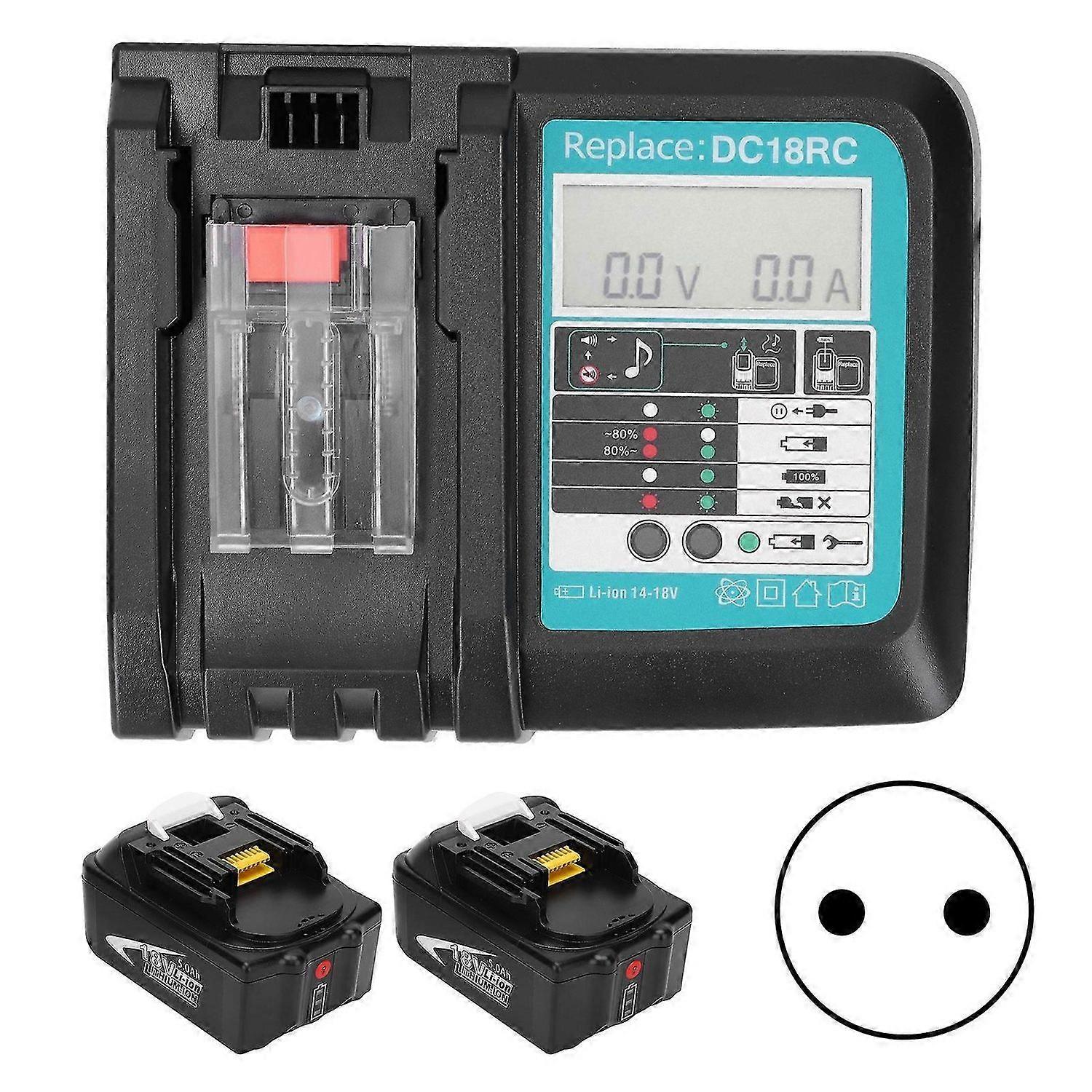 Lithium Battery Fast Charger 3A LCD USB for Makita DC18RC 2Pcs 18V 5.0Ah Batteries