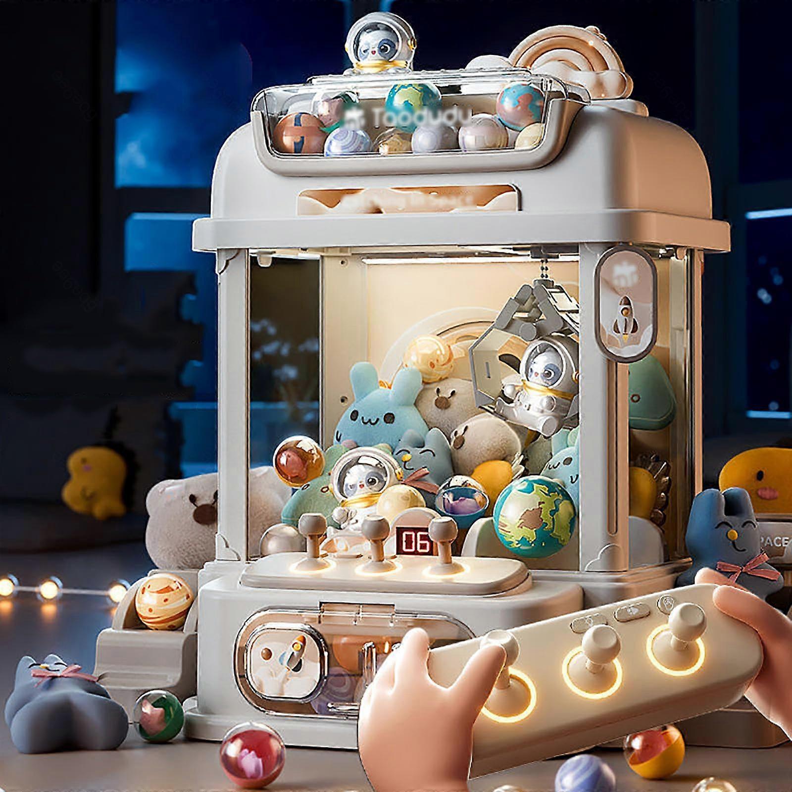 Gum Machine With Remote Control For Kids, Candy Arcade Dispenser With 8 Planets, 2 Panda Dolls, 25 Dolls, 20 Gashapons, White