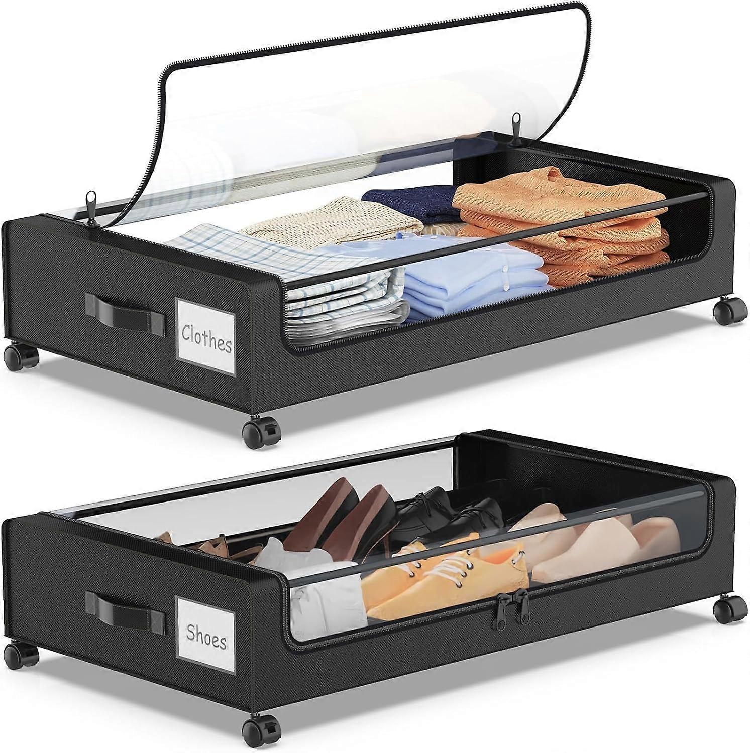Pack of 2 Underbed Storage Boxes, 50L, with Wheels, PVC Lid, Black