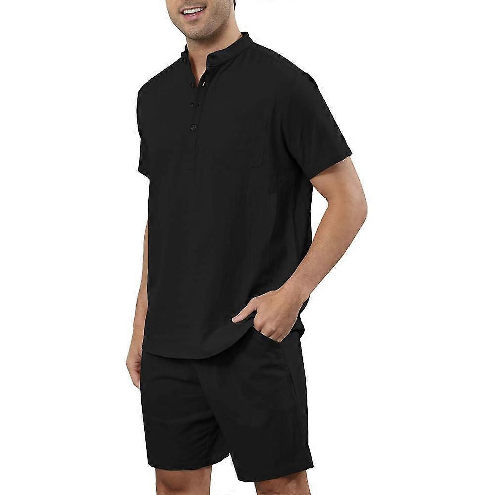 2Pcs Sets Men's Cotton Linen Set Henley Shirts Shorts Outfits Beach T-shirt Vacation Matching Suit Summer Wear Short Sleeve