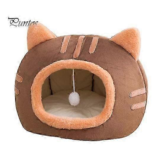 Waterloo Cat Head Shaped Pet Bed with Hanging Plush Ball Toy - Flannel Semi-Enclosed Nest with Non-Slip Bottom for Small Dogs & Cats