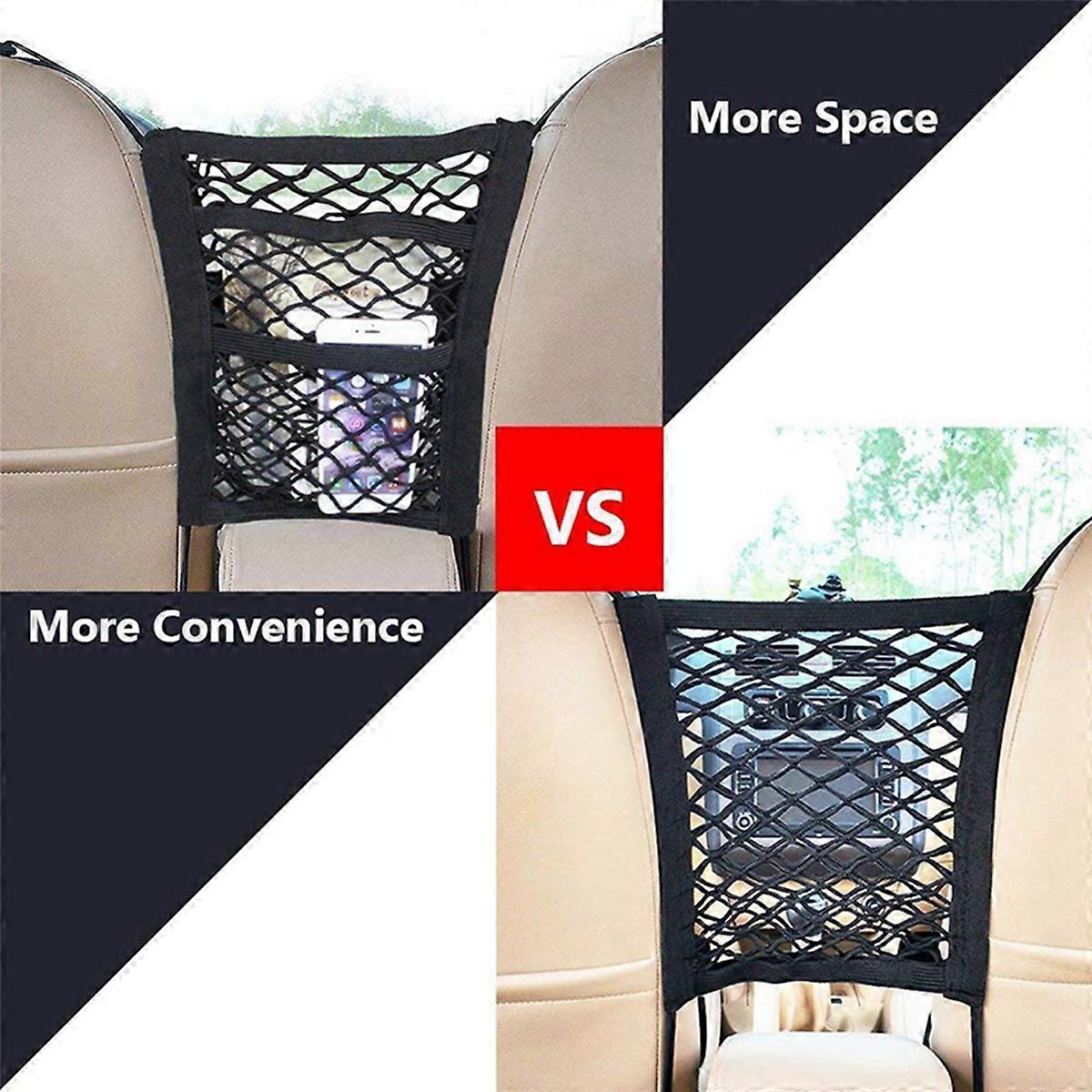 3X 3-Layer Car Mesh Organizer, Stretchable Seat Back Net Bag, Barrier of Backseat Pet Kids, Cargo Ti
