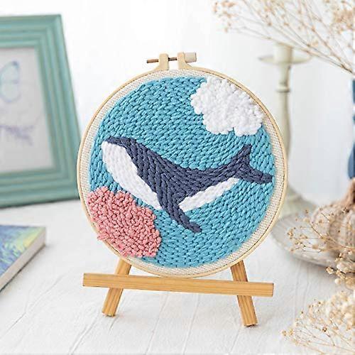 Punch Needle Starter Kits for Beginners - Adjustable Punch Needle Tool with 20x20cm Embroidery Hoop in Blue Sea Whale Color
