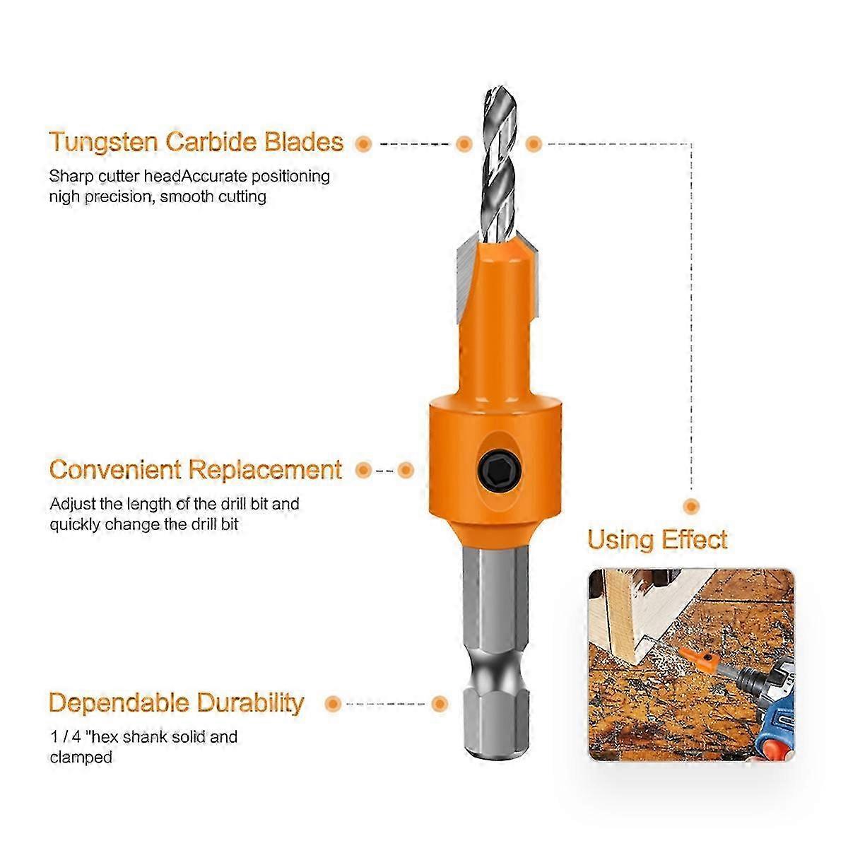 5-Piece Set of 8mm Shank HSS Woodworking Countersink Bits with Screw Extractor for Wood Milling - 2.5 to 3.5mm Depth