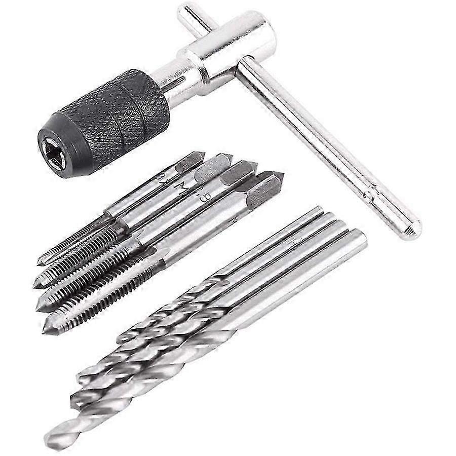 9Pcs Adjustable T-Handle Ratchet Tap Holder Wrench Tool Set with M3-M6 Screw Thread Metric Plug Tap and 2.5-5.0mm Twist Drill Bit