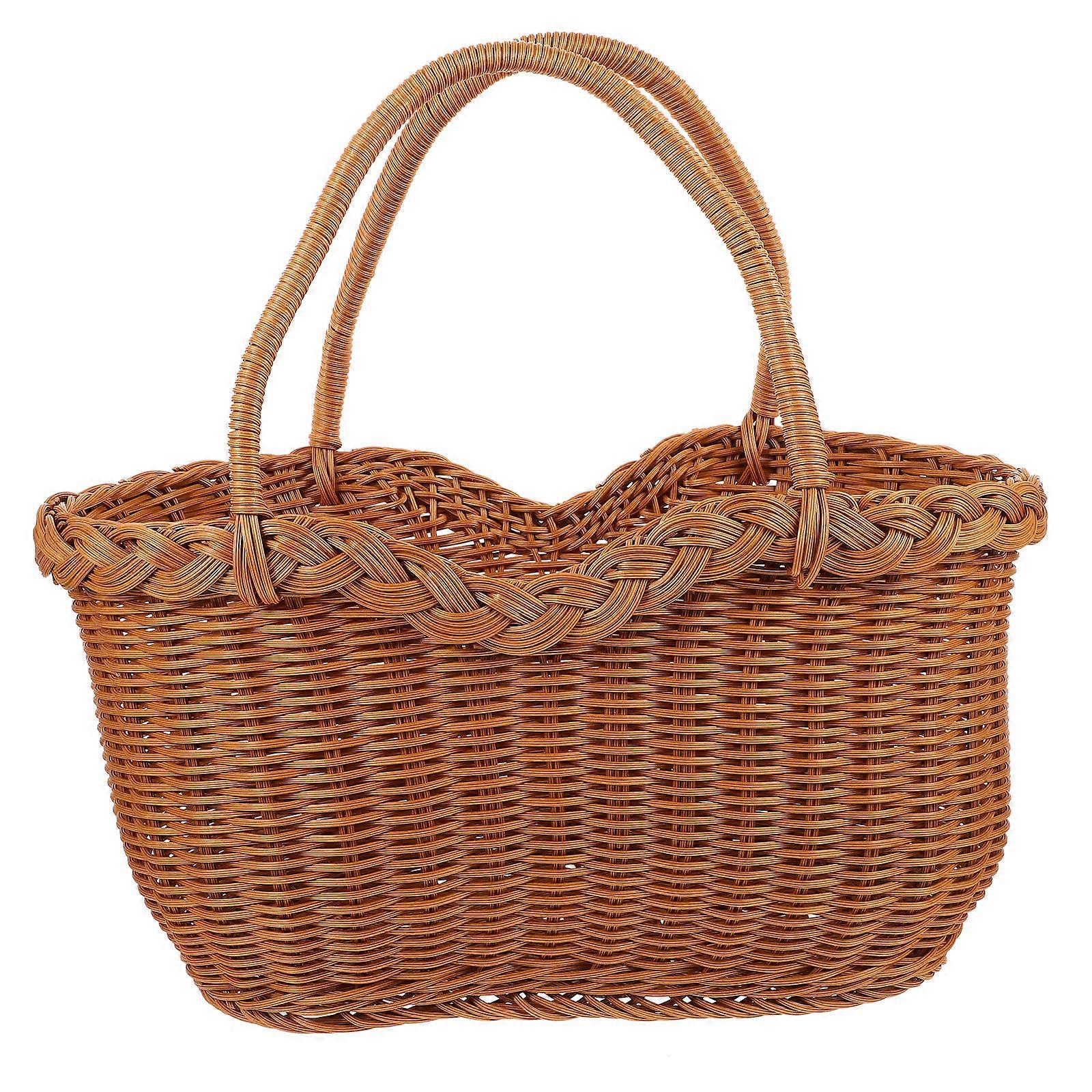 Handheld Woven Basket Multi-Function Fruit Picking Basket with Brown Iron Frame