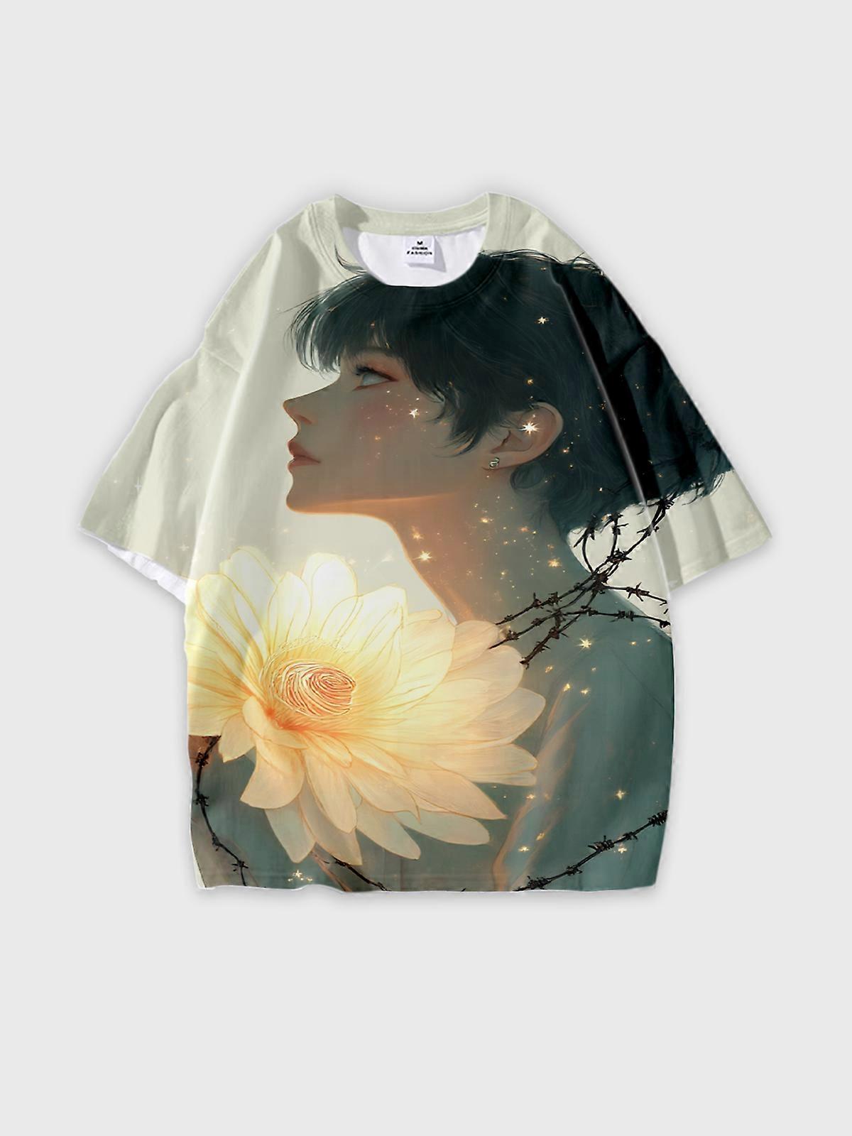 T-Shirt Round Neck, Loose Short Sleeve Pattern Graphic Tee, Unisex Summer Casual Top W2102