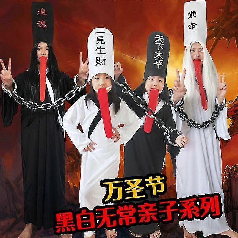 Halloween Black & White Wuchang Costume Adult Kids Cosplay Grim Reaper Qing Dynasty Zombie Scary Ghost Outfit 2025