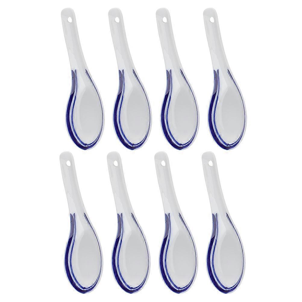 Practical Dinner Spoons Chinese Style Soup Spoons Family Use Blue Ceramic Small Serving Spoons Drinking Soup 8Pcs