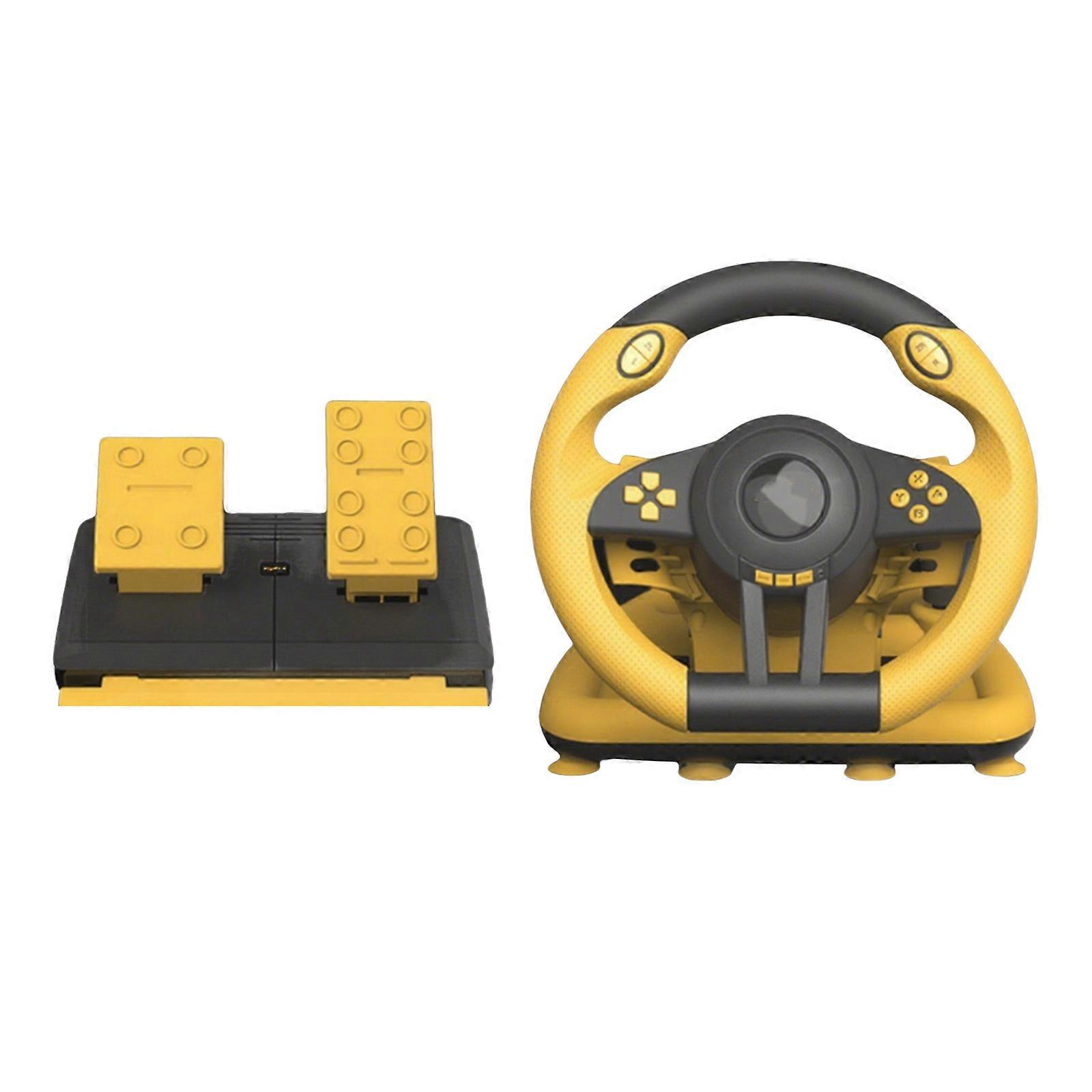 USB Car Race Steering Wheel for Multiple Platform Game Racing Wheel with Pedal Double Vibration Motor Driving Simulators  Yellow and black